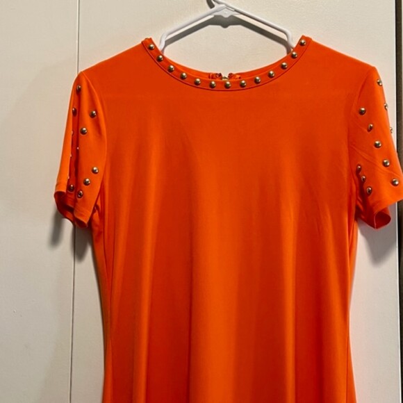 Michael Kors Womens Orange Gold Studded Short Sleeve Mini Dress Size Small - Picture 3 of 12